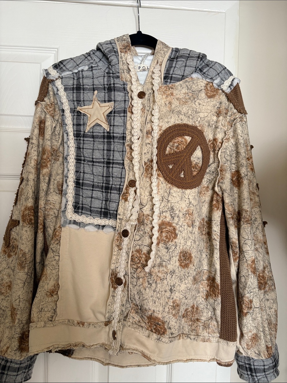 POL Beige, Tan & Gray Patchwork Hooded Jacket with Peace Patch